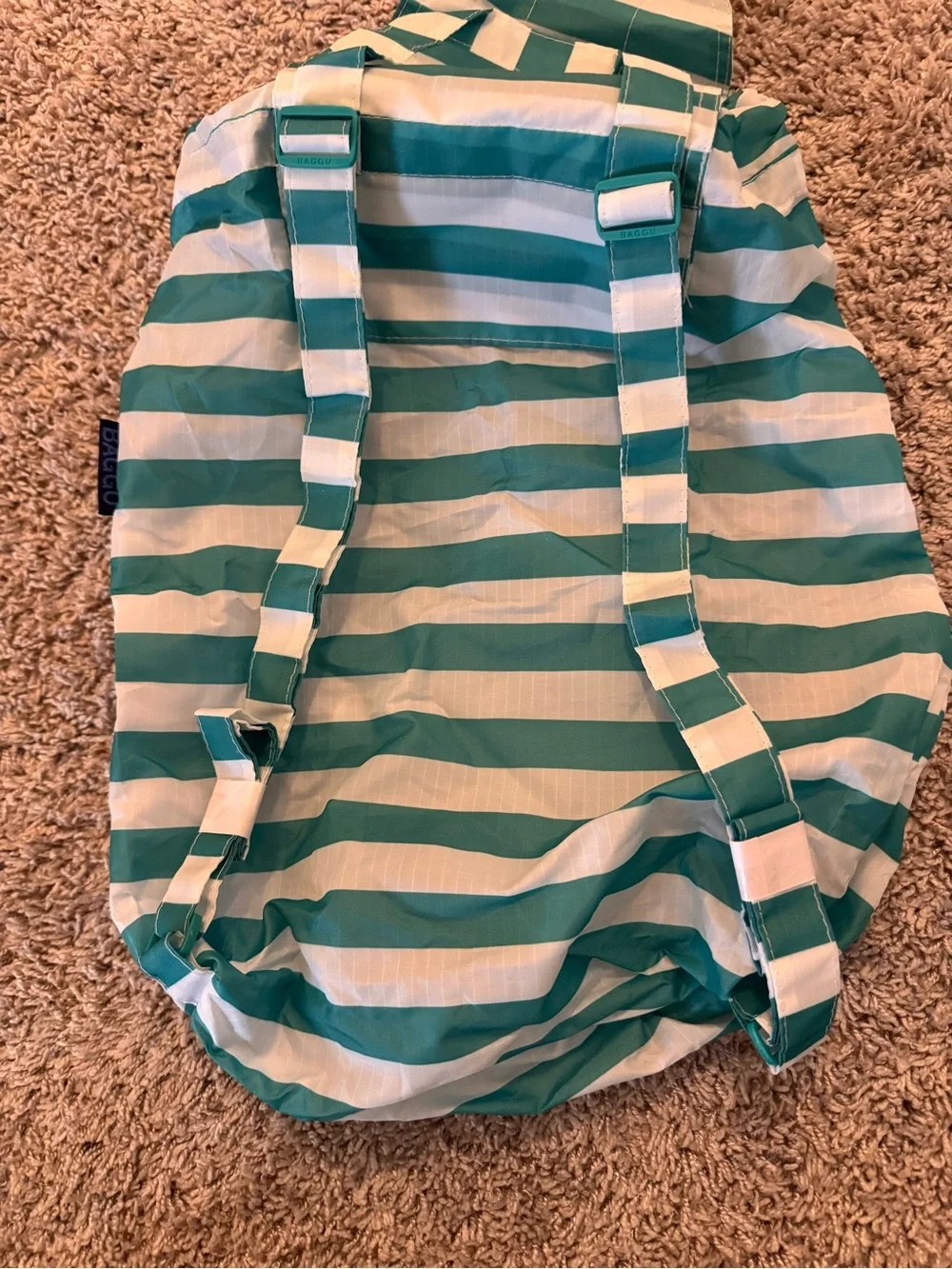 BAGGU Teal & White Striped Drawstring Backpack